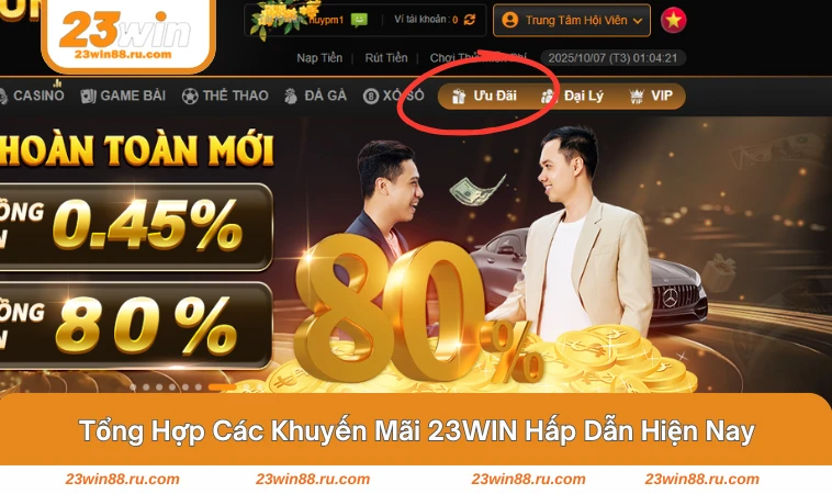 Giao diện các chương trình khuyến mãi nổi bật trên trang chủ 23WIN.