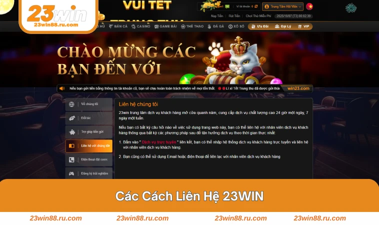 Liên Hệ 23WIN 1 Giao diện chat và hotline của 23WIN hiển thị trên trang chủ